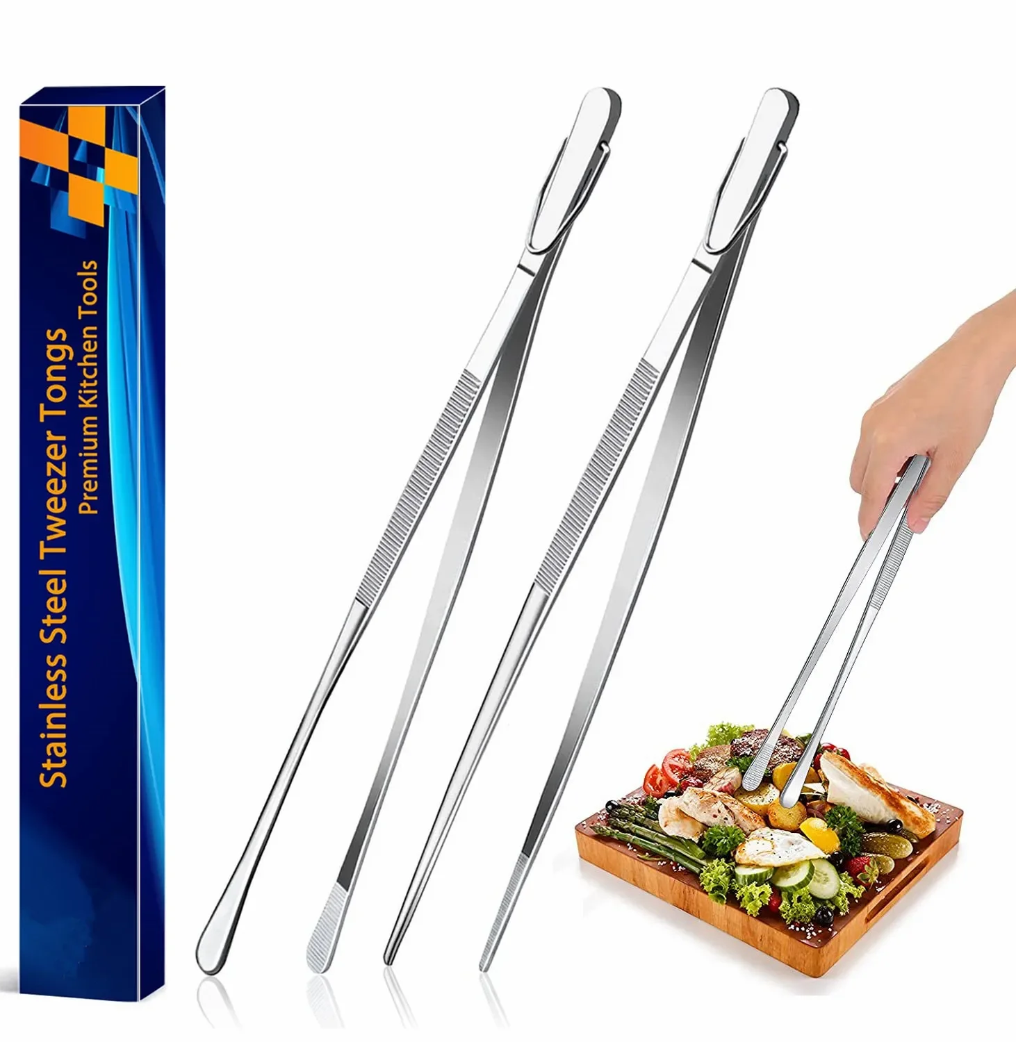 Pincettes de cuisine de 12 pouces, pincettes fines, pincettes de cuisine Extra longues en acier inoxydable pour la cuisine des aliments, cuisson des aliments de mer et barbecue