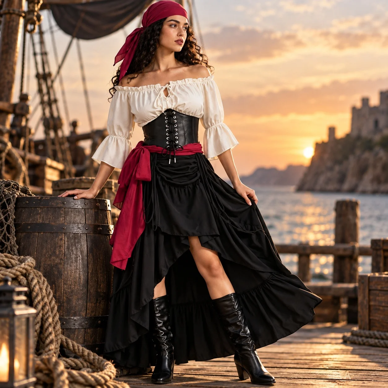Conjunto de falda larga de tres piezas con falda acampanada, estilo retro, disfraz medieval de Halloween, vestido corsario con faja en la cintura, falda amplia.