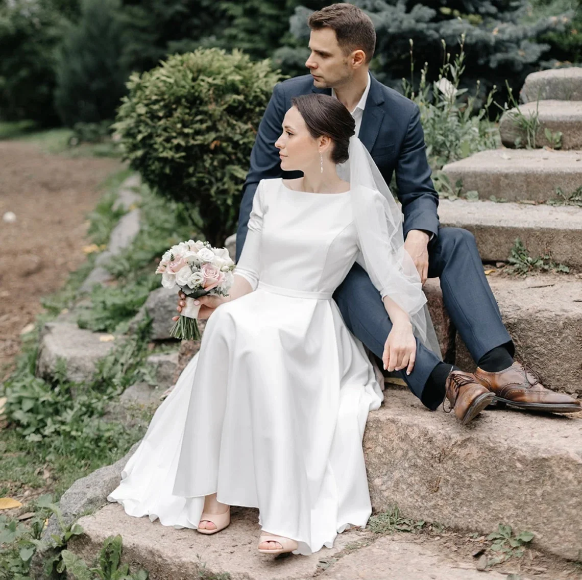 Vestido de novia MIDI de satén con manga larga, prenda elegante con cuello de barco y espalda en V abierta, 13818 #