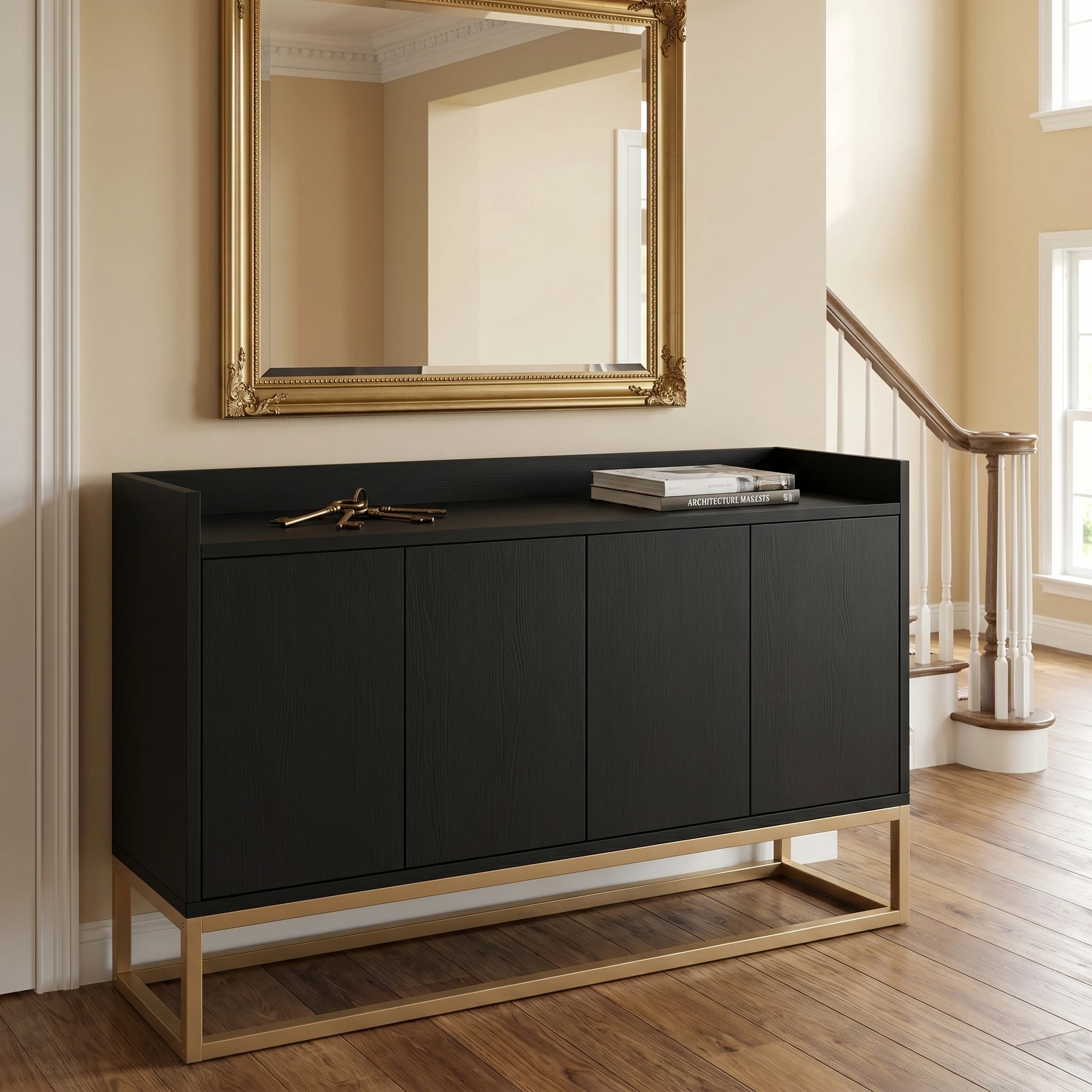 Comanlai Küchen-Sideboard 120 x 30 x 80 cm, Modernes Buffetschrank mit 4 Türen, mit verstellbarem Regal und Metallbeinen, für Wohnzimmer, Esszimmer, Schwarz