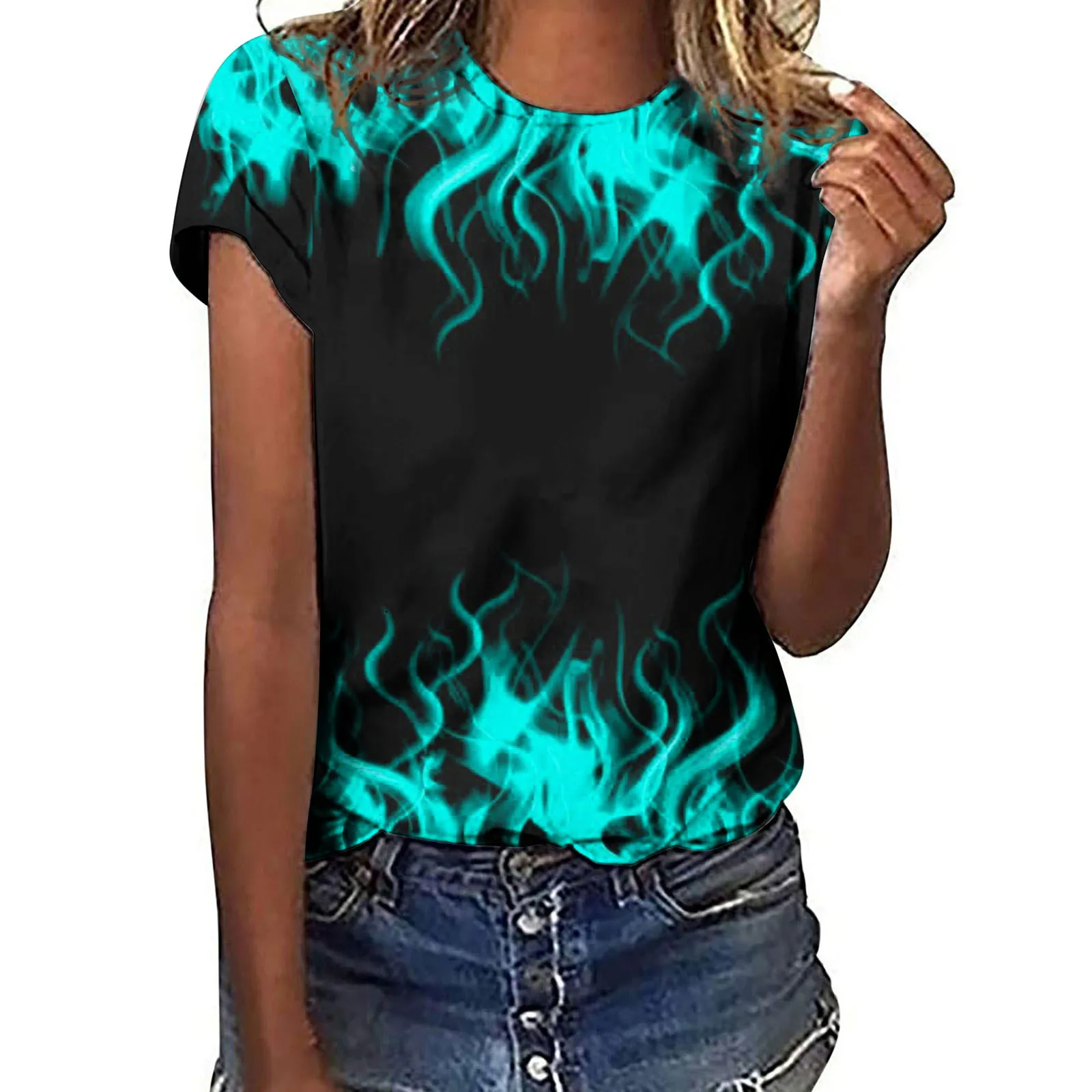 Fashion Flame Pattern 3D Printed T-shirt Top Comfortable Large Size Round Neck Casual Women's Short Sleeve Top Summer