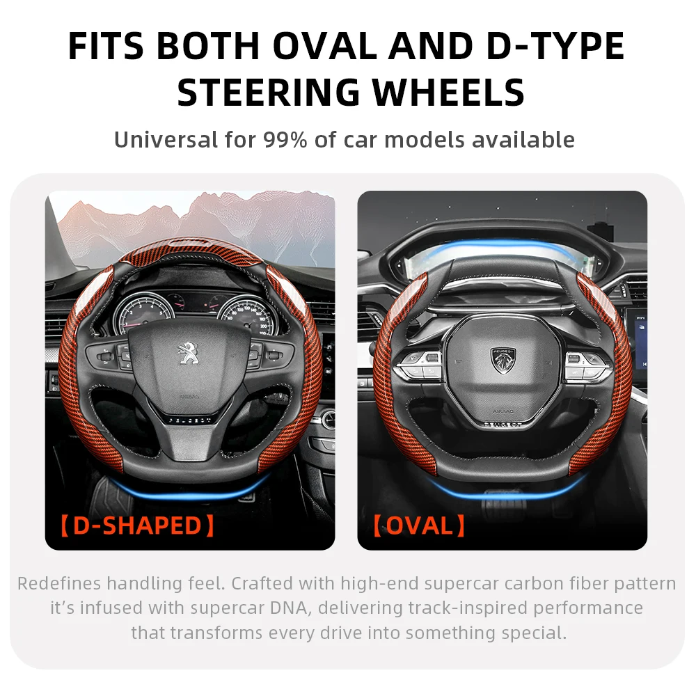 Suitable for Peugeot Sporty Glossy Carbon Fiber Texture Steering Wheel Cover with Snap-On Design for 208 E-208 2008 E-2008 3008 E-3008 Partner Rifter 308 E-308 408 408X 5008 Car Interior Accessories Protective Shell