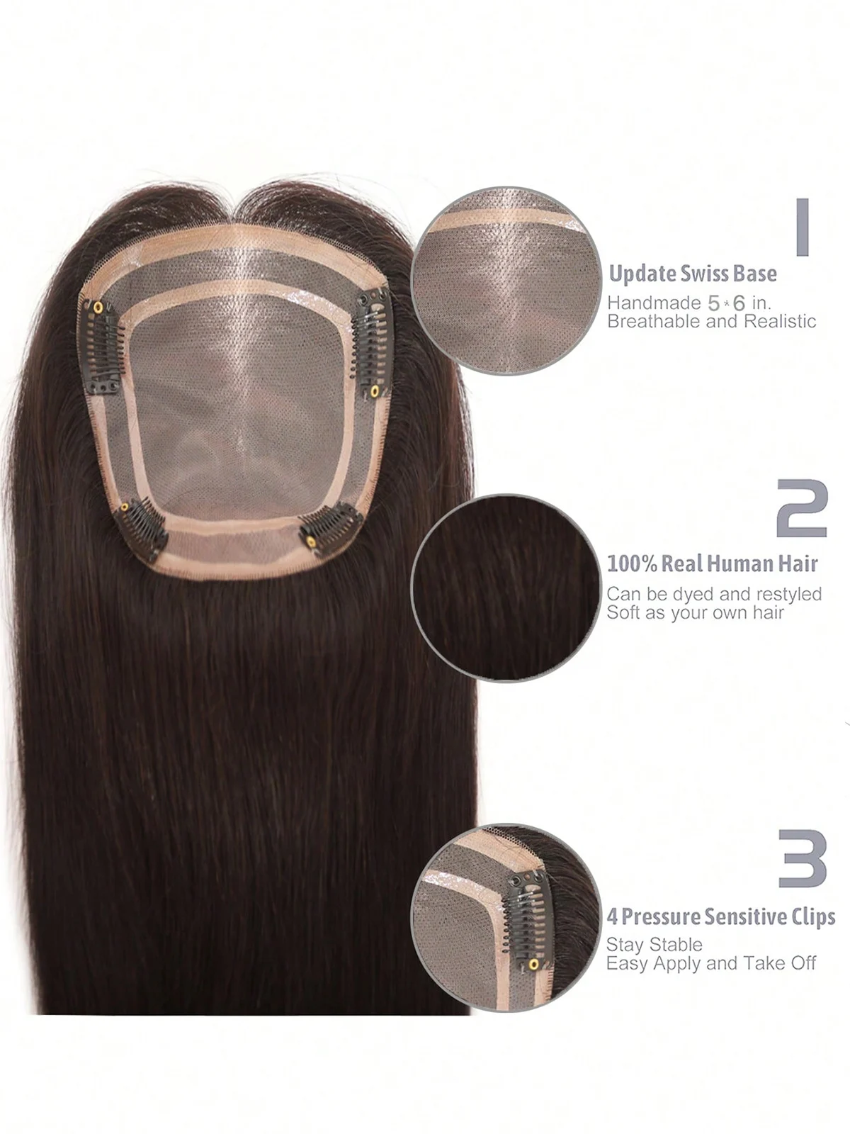 100% Real Human Hair Toppers for Women Clip in Hairpieces Breathable 5"x 6" Big Mono Base for Covering Greyish Thinning Hair