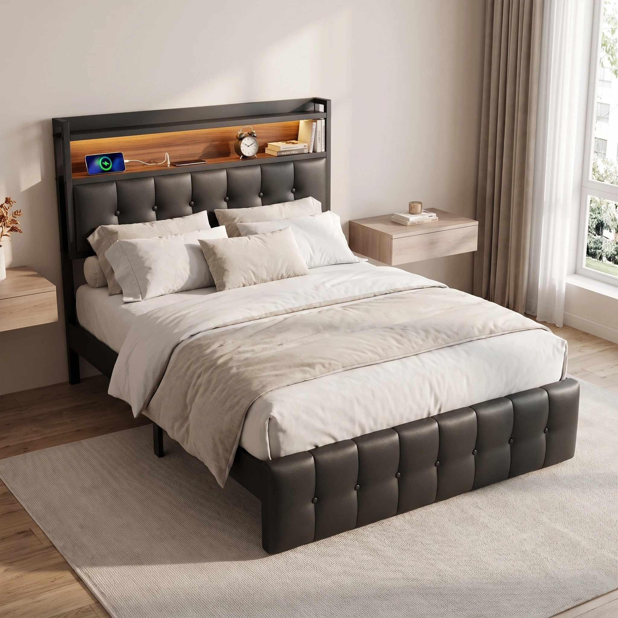 Letto imbottito 90x200 cm in pelle PU facile da pulire, con vano contenitore a sollevamento pneumatico, nero