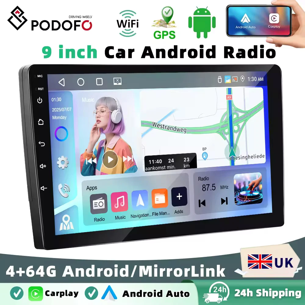 Podofo 9" 2 DIN Android 4+64G Car Stereo Carplay Android Auto GPS Navigation Bluetooth FM RDS Radio WIFI Touchscreen