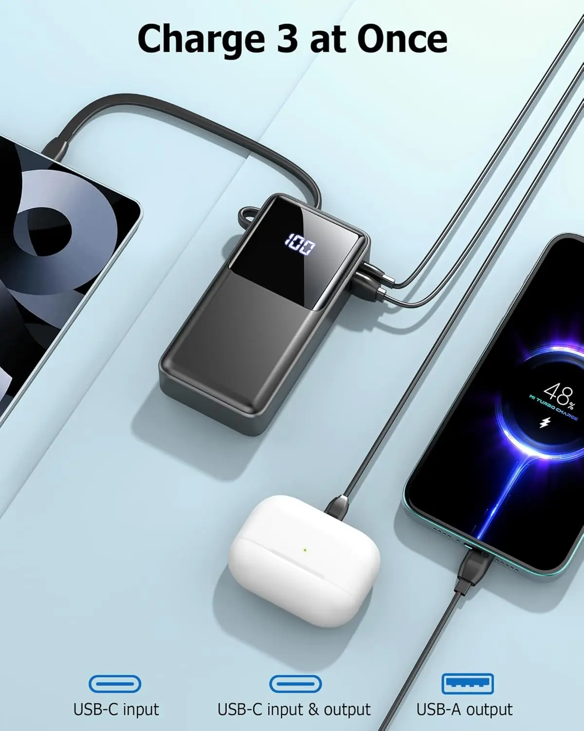Batería Externa 2026 de 10000mAh, Carga Rápida 5V/3A, Batería Portátil con Cable Integrado en Entrada y Salida USB C de Alta Velocidad, Pantalla LED para iPhone, Android, Galaxy, Tablets y Más MOIL