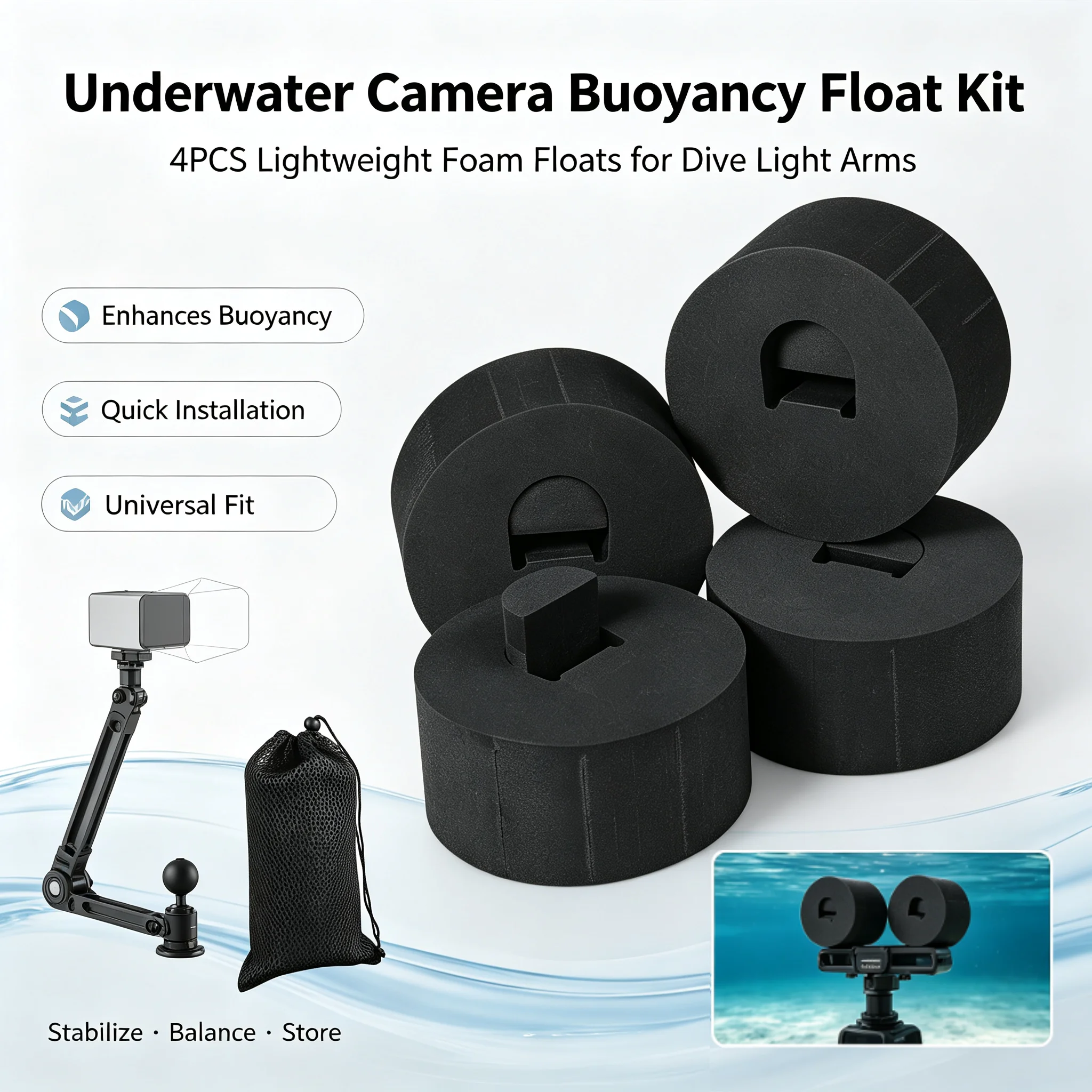 4Pcs/Set Underwater Camera Buoyancy Float Kit Replacement Sturdy Float Ball Arm for Deep Water Sea Travel Photography Filming