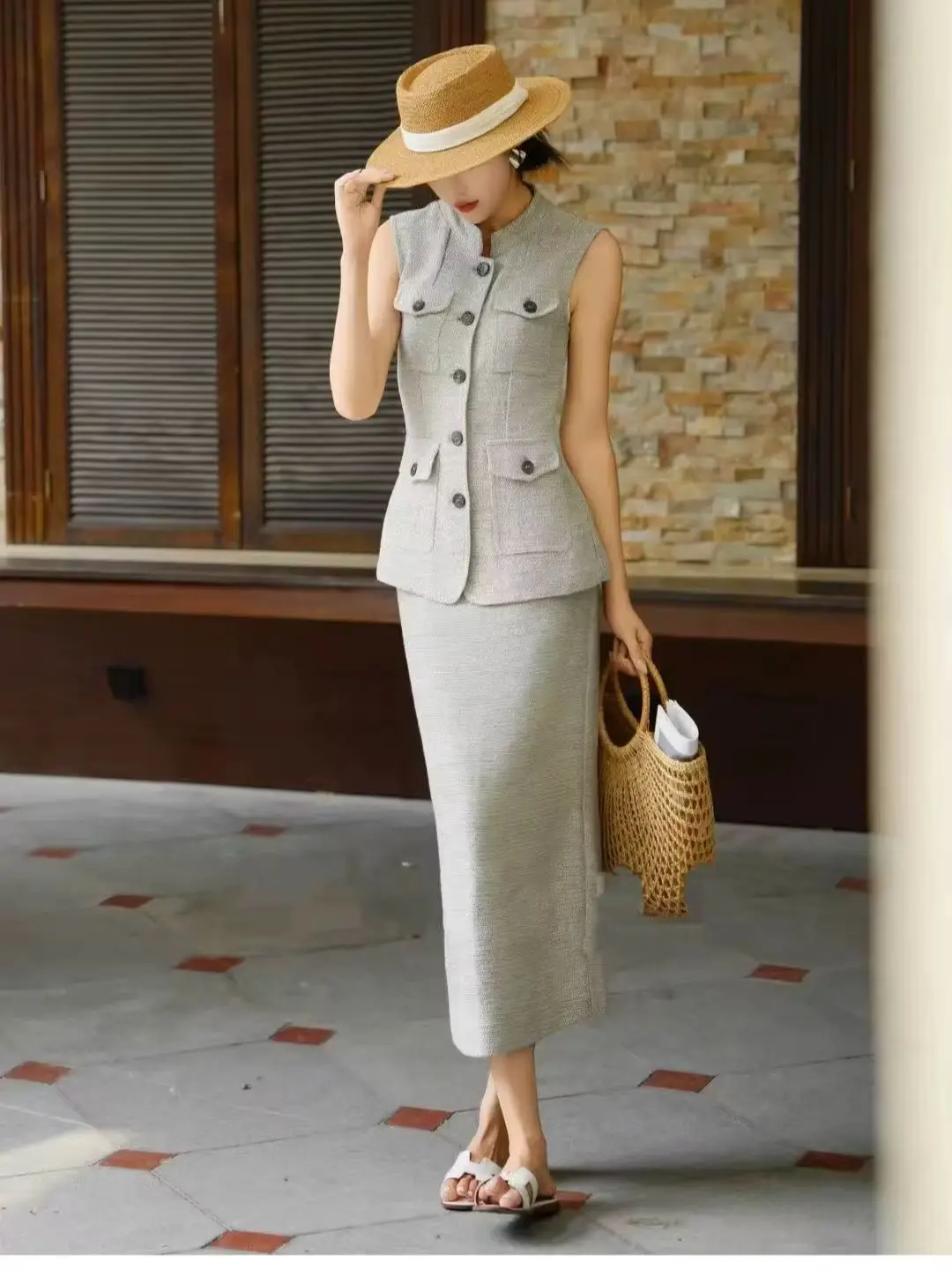 

Summer comfortable breathable 100% linen multi-pocket sleeveless solid color matching set