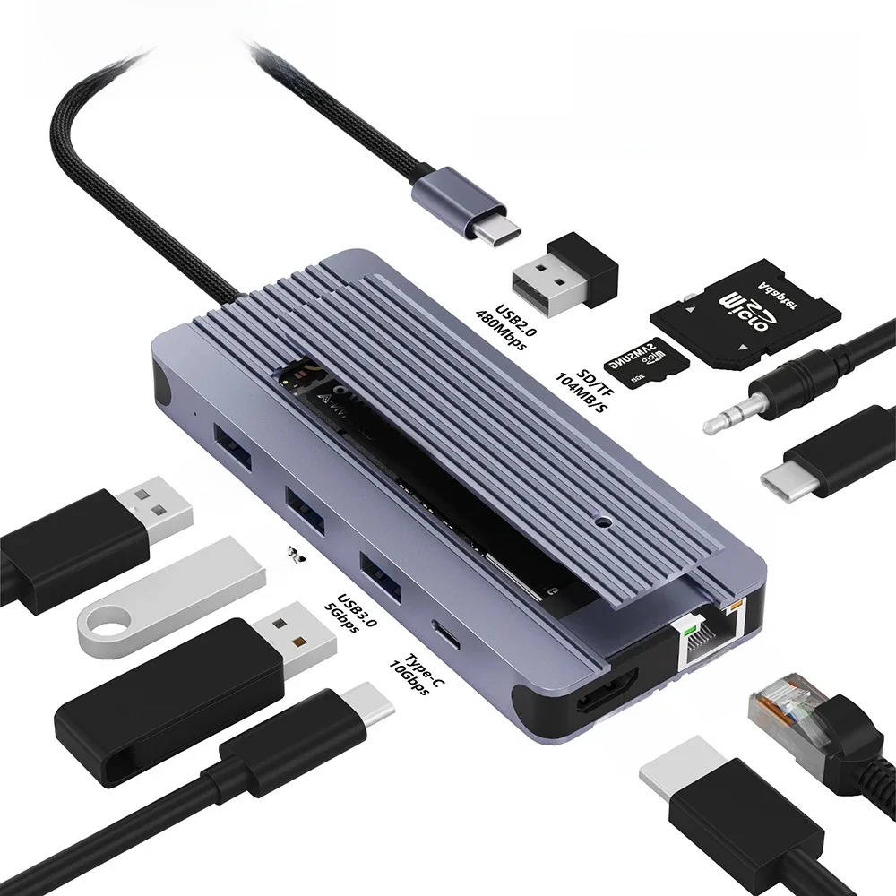 12 w 1 M.2 SSD Enclosure Hub USB C Docking Station USB Husb TYPE C to HDMI Adapter 4K60Hz 1000Mbps PD100W USB3.0 For Macbook — zdjęcie produktu 7