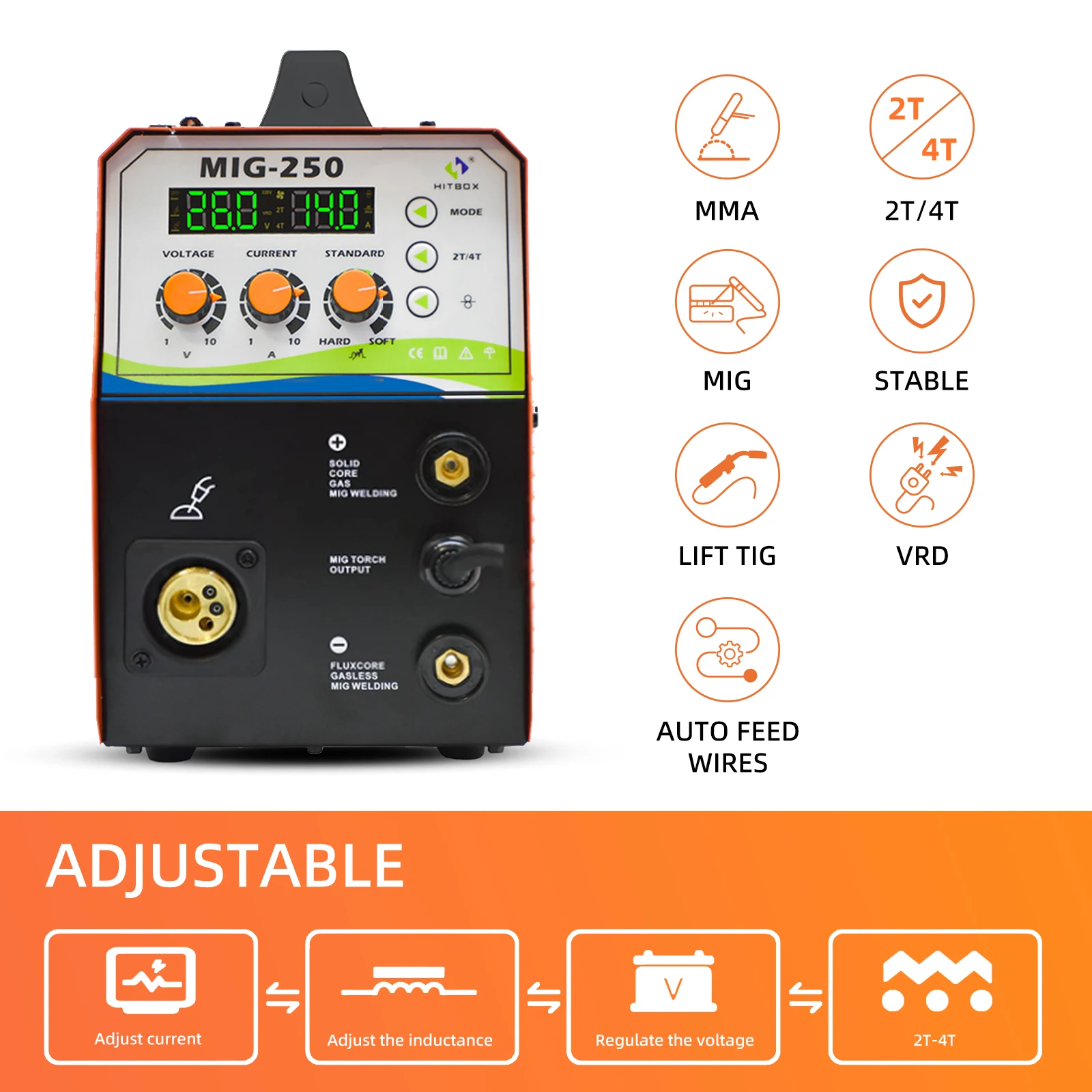 Imagem -02 - Hitbox-mig Máquina de Solda Display Digital Controle Preciso Mig250 220v Mig Gasless Arc Elevador Tig Gás Co2 2t 4t Soldador em 1