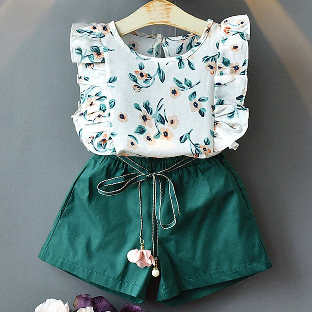 Bear Leader Kids Girl Clothes 2022 Fashion Sling Flower Bow Baby Girls Shirt + Stripe Shorts 2pcs Suit Children Clothing Sets — zdjęcie 2
