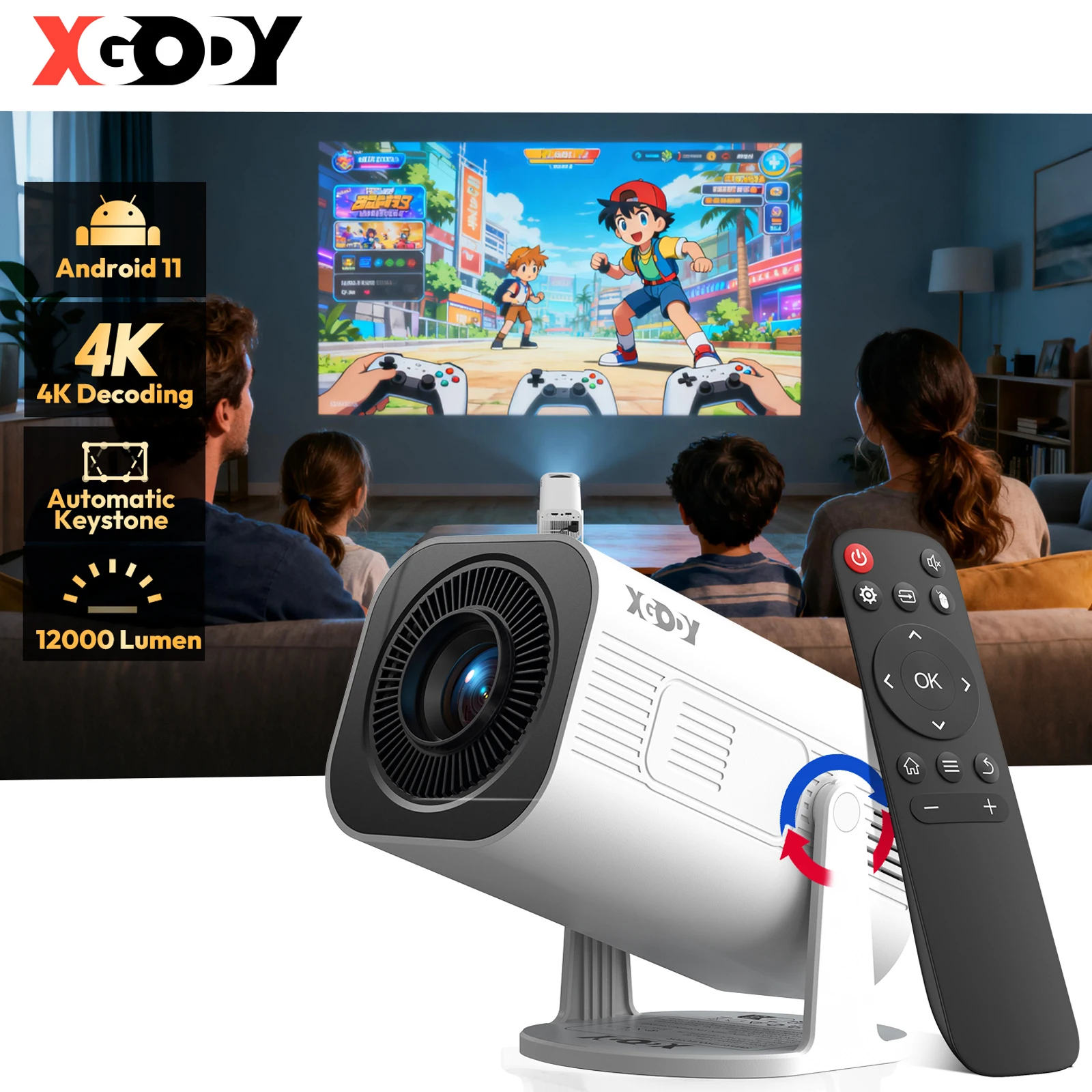 XGODY 4K Beamer mit Android , Gimbal 3 Pro 12.000 Lumen, nativer Auflösung 1280 x 720, Wi-Fi 6, Bluetooth 5.4, Heimkino