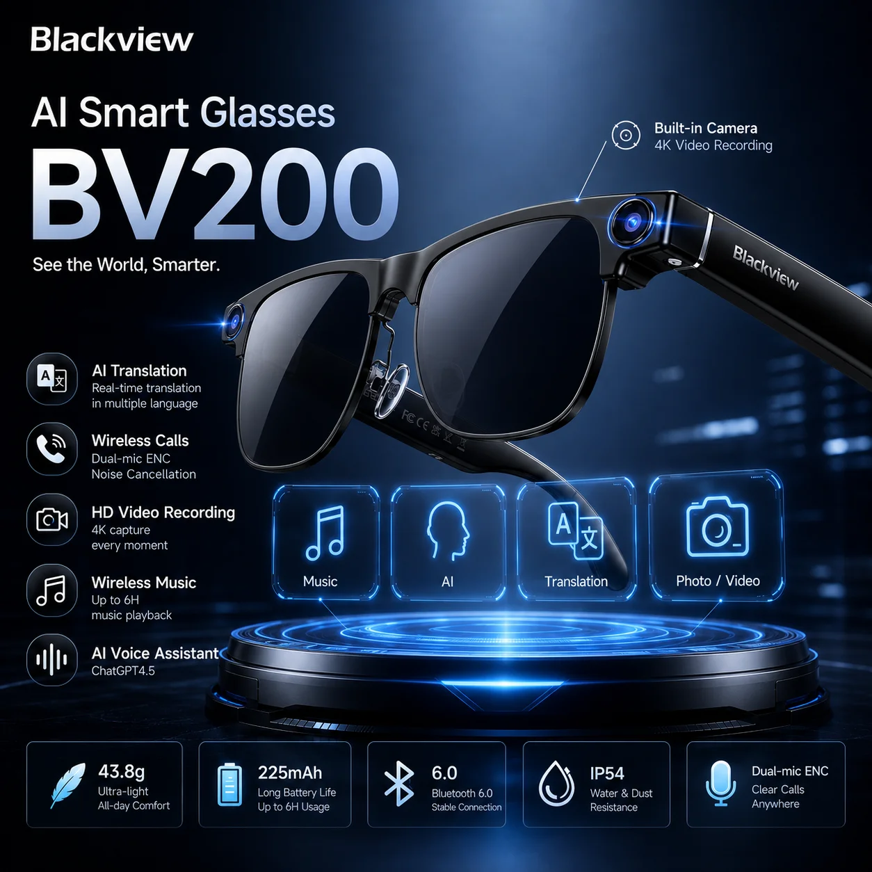 Lunettes Intelligentes Blackview Nouveau Modèle BV200 Ai avec Caméra HD 4K 8MP, Traduction 130+ Langues, Réduction de Bruit ENC, Appels Bluetooth, Lunettes de Soleil, Jusqu'à 6H d'Autonomie Musicale pour Hommes, Femmes, Travail, Études, Sports de Plein Air
