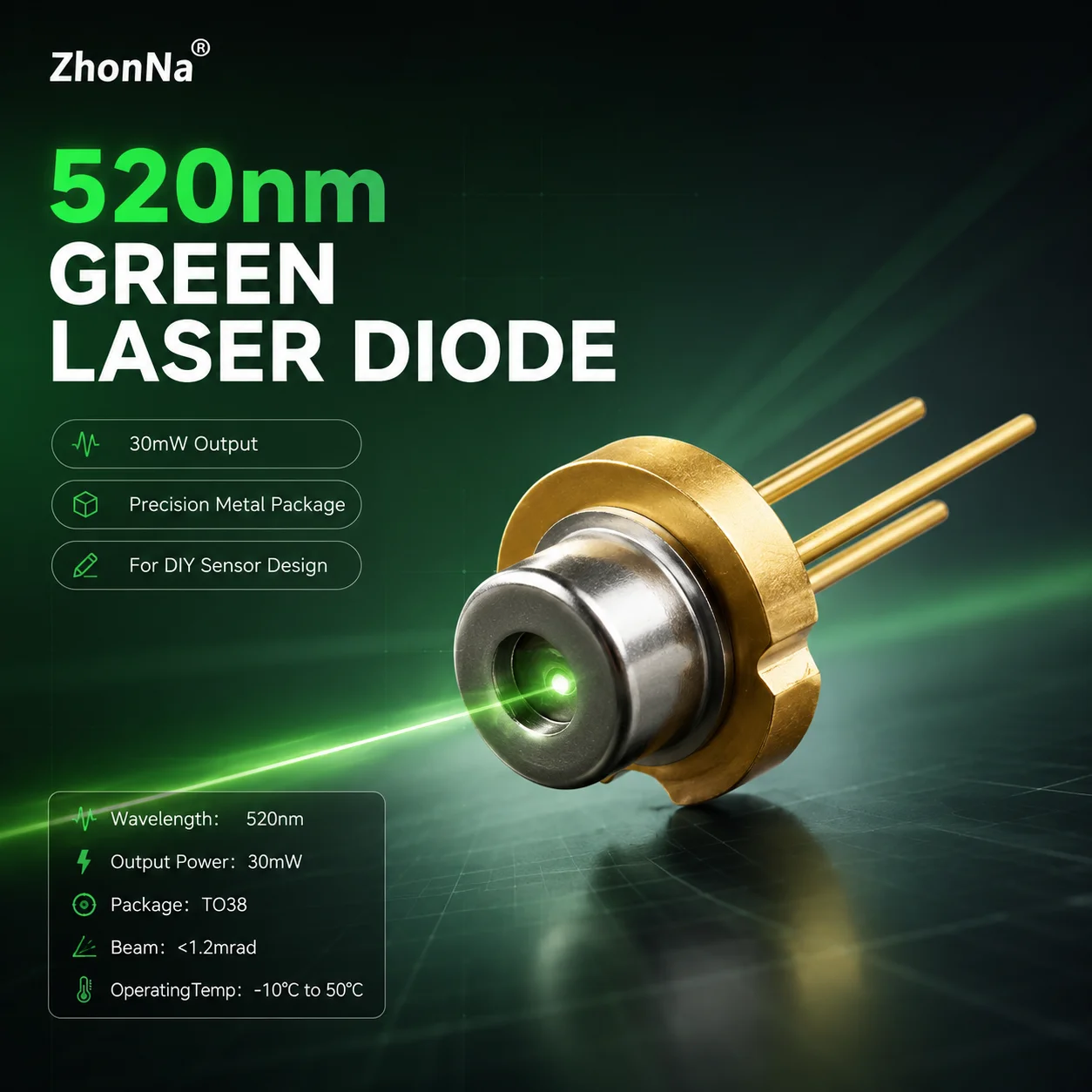 520nm Green Laser Diode Module TO-56 Package DIY Laser Sensor Light Emitting Tube for Electronic Design Projects