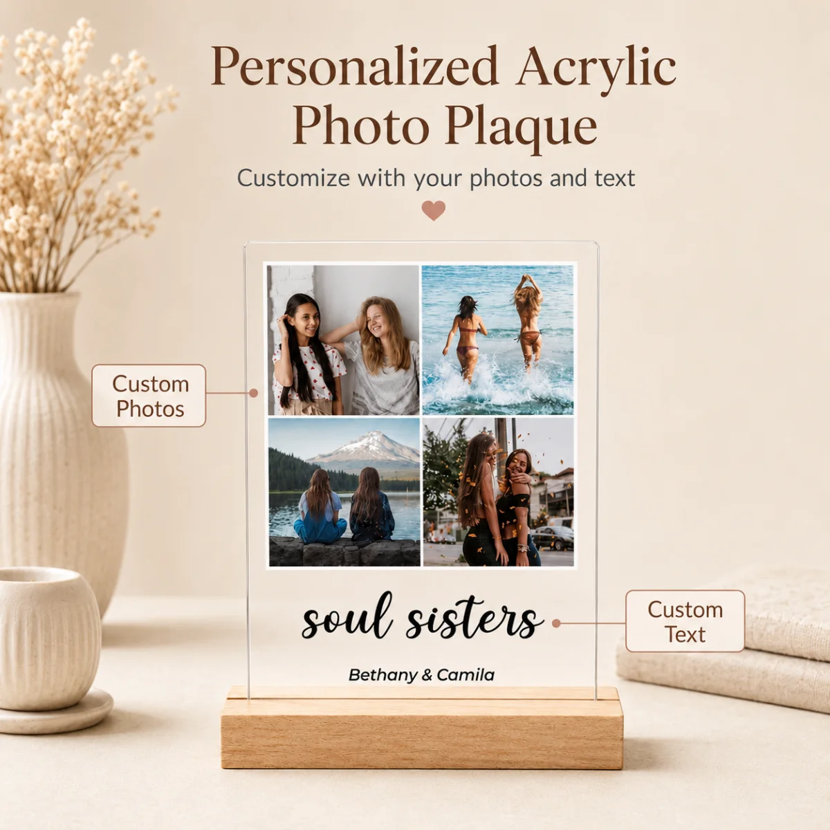 Custom 2D Acrylic Ornament—personalized with your photos and text; a cherished photo keepsake and a unique decorative piece.
