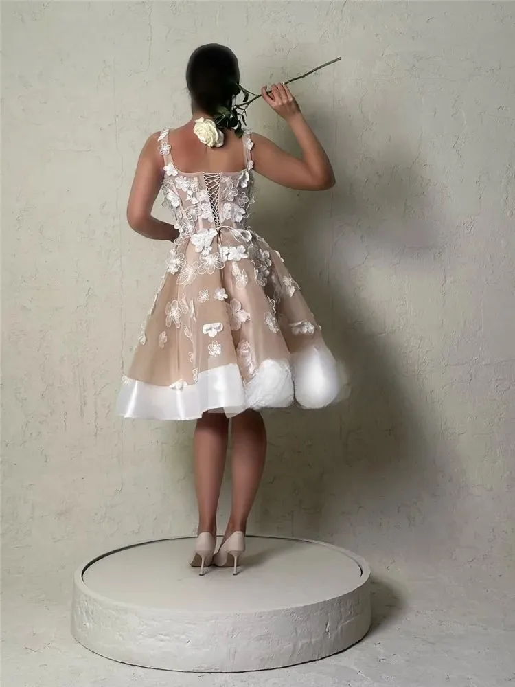 Champagne 3D Lace Flowers Wedding Dresses Square Collar  Spaghetti Strap Knee Length Bridal Gown Vestido de novia  Customized