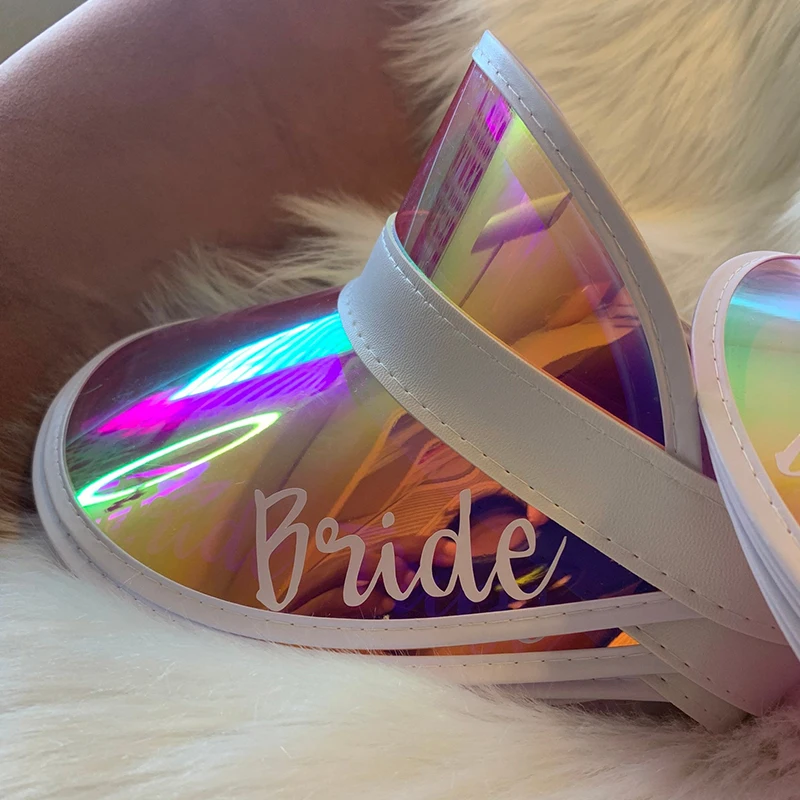 Custome Bride Visors Team Bride Gift Bachelorette Party Holographic Visors Retro Beach Sun Hat Bridesmind Gifts Pool Party Gift