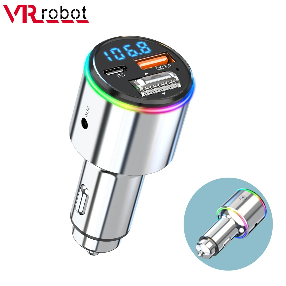 VR Robot PD30W Bluetooth 5.3 Car FM Transmitter Music MP3 Player Wireless Handsfree with 3.5mm Aux QC3.0 Fast Charging Adapter