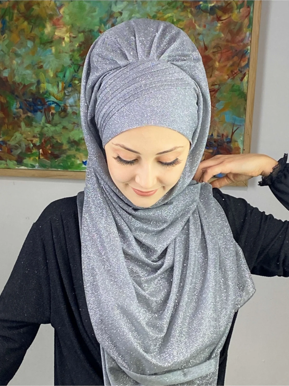 Palace Model Silvery Side Draped Shawl, Turban Scarf Hijab Clothing Muslim Fashion Casual Bonnet Modern and Stylish Women Bonnet