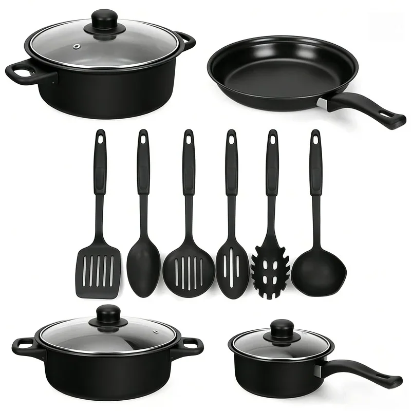 13-Piece Nonstick Cookware Set, Pots and Pans Set with Glass Lids & Kitchen Utensils, Black Kitchen Cooking Set with Frying Pan Saucepan Stock Pot for Home