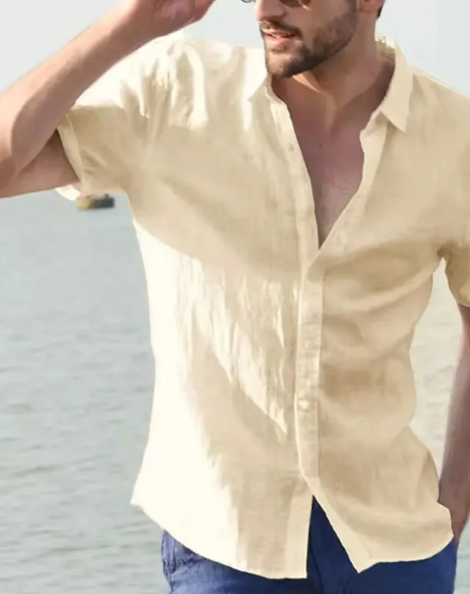 Летние мужские рубашки из хлопка и льна Повседневные рубашки с коротким рукавом Однотонные рубашки с лацканами и воротником-стойкой Формальные пляжные рубашки мужские Clo