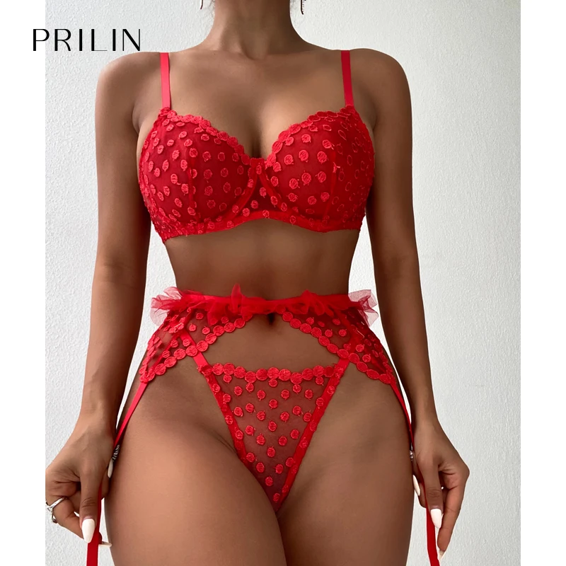 

PRILIN Red Women Sexy Lingerie Garter Embroidery Dot Push Up Underwire Bras Sex Panty Temptation Erotic Underwear 2022