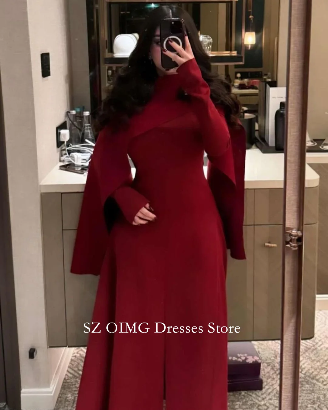 

OIMG Dubai Mordern High Neck A-Line Prom Dresses Long Sleeves Crepe Satin Dress Women Evening Gowns Formal Fitted Party Dress