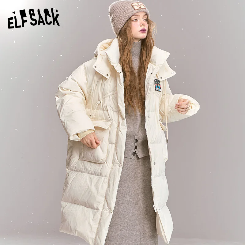 ELFSACK 2024 Winter New Arrivals Women's mid-length hooded down jacket cartoon fox patch, thick warm coat