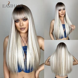 EASIHAIR Long Silver with Blonde Highlight Synthetic Wigs for Women Straight with Bangs Natural Wigs Cosplay Hair Heat Resistant