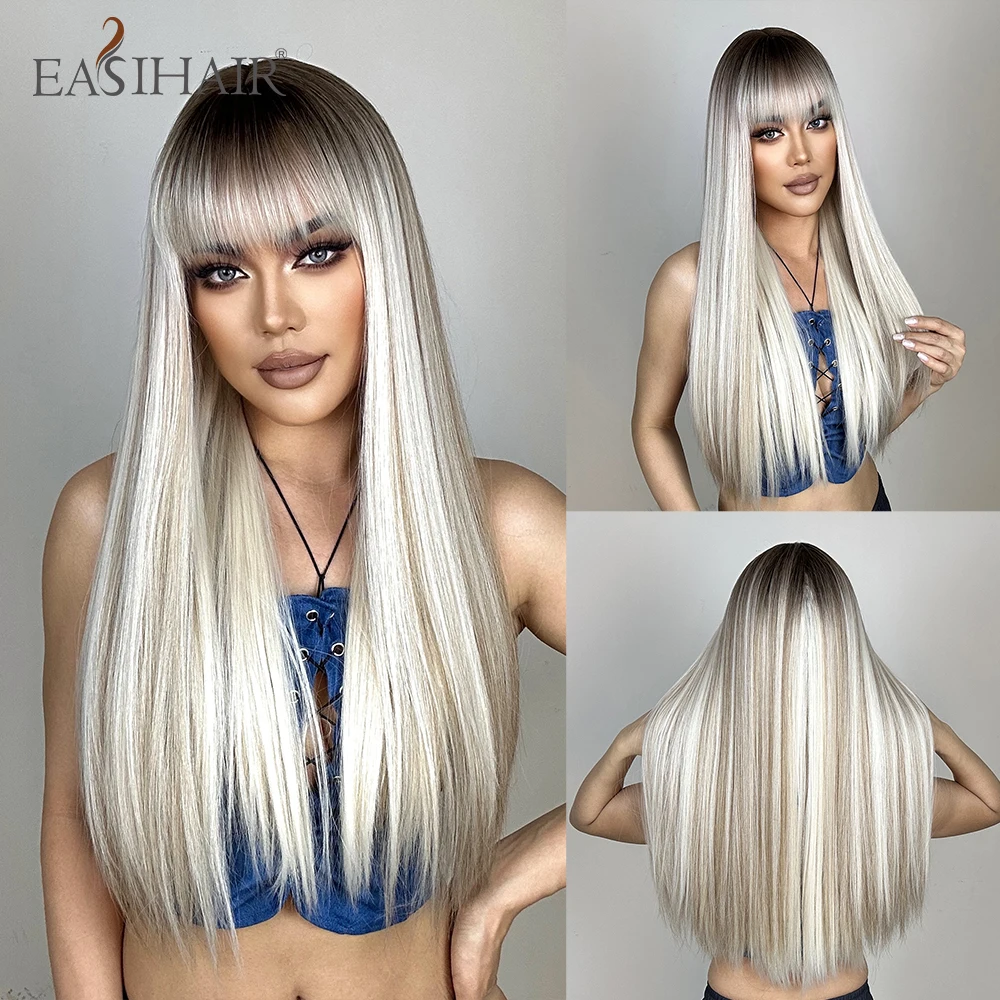 EASIHAIR długie srebrne z blond podkreśleniem peruki syntetyczne dla kobiet proste z grzywką naturalne peruki Cosplay włosy żaroodporne