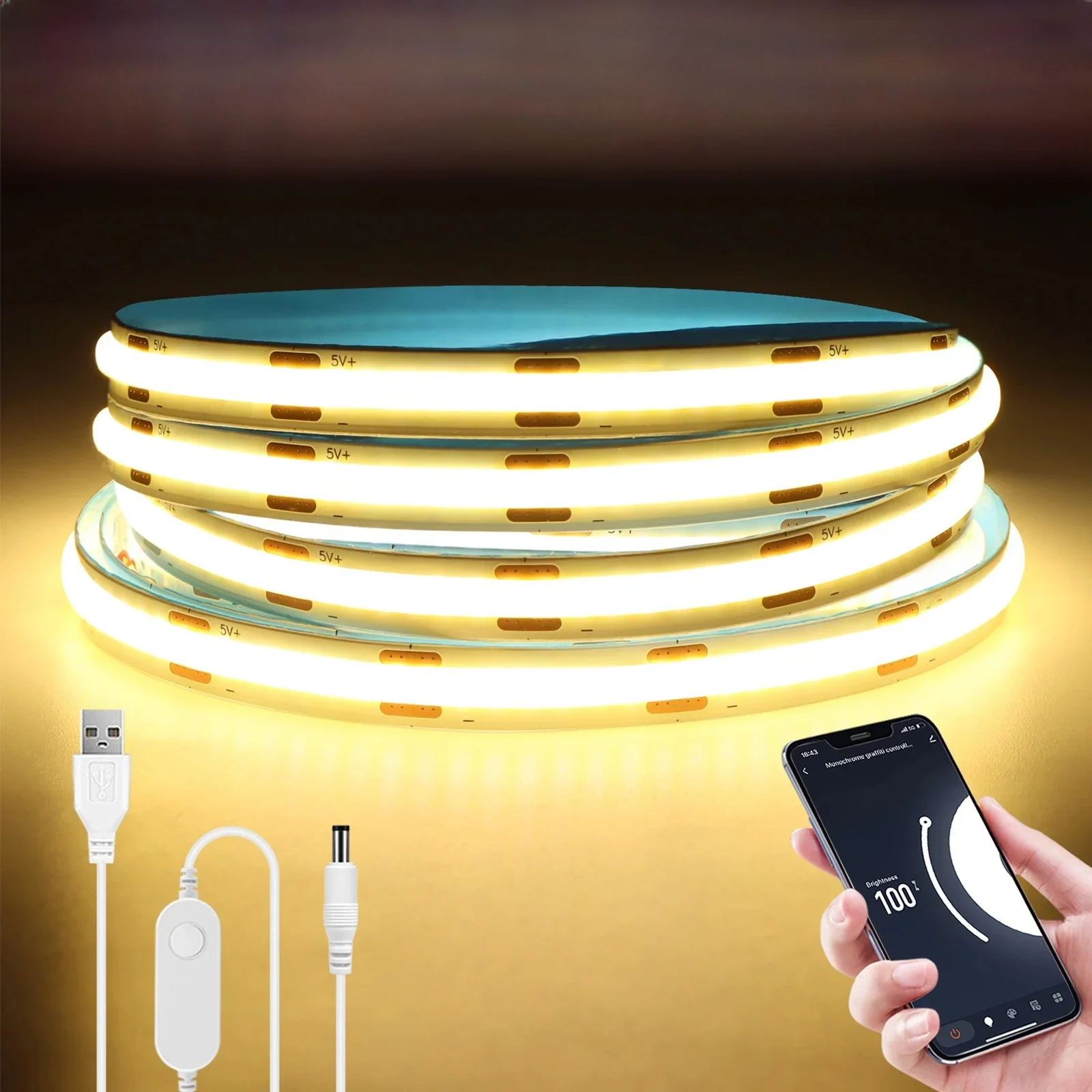 DC5V USB Tuya Smart app WiFi COB LED Strip Light，1M 2M 3M 5M Dimmable COB LED Strip Work With Alexa/Google Home/Smart Life APP