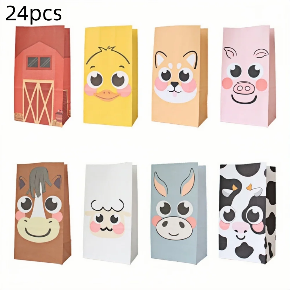 24pcs farm animal paper gift bag, foldable sticker seal suitable for packaging party gifts, candies, pastries, and various items