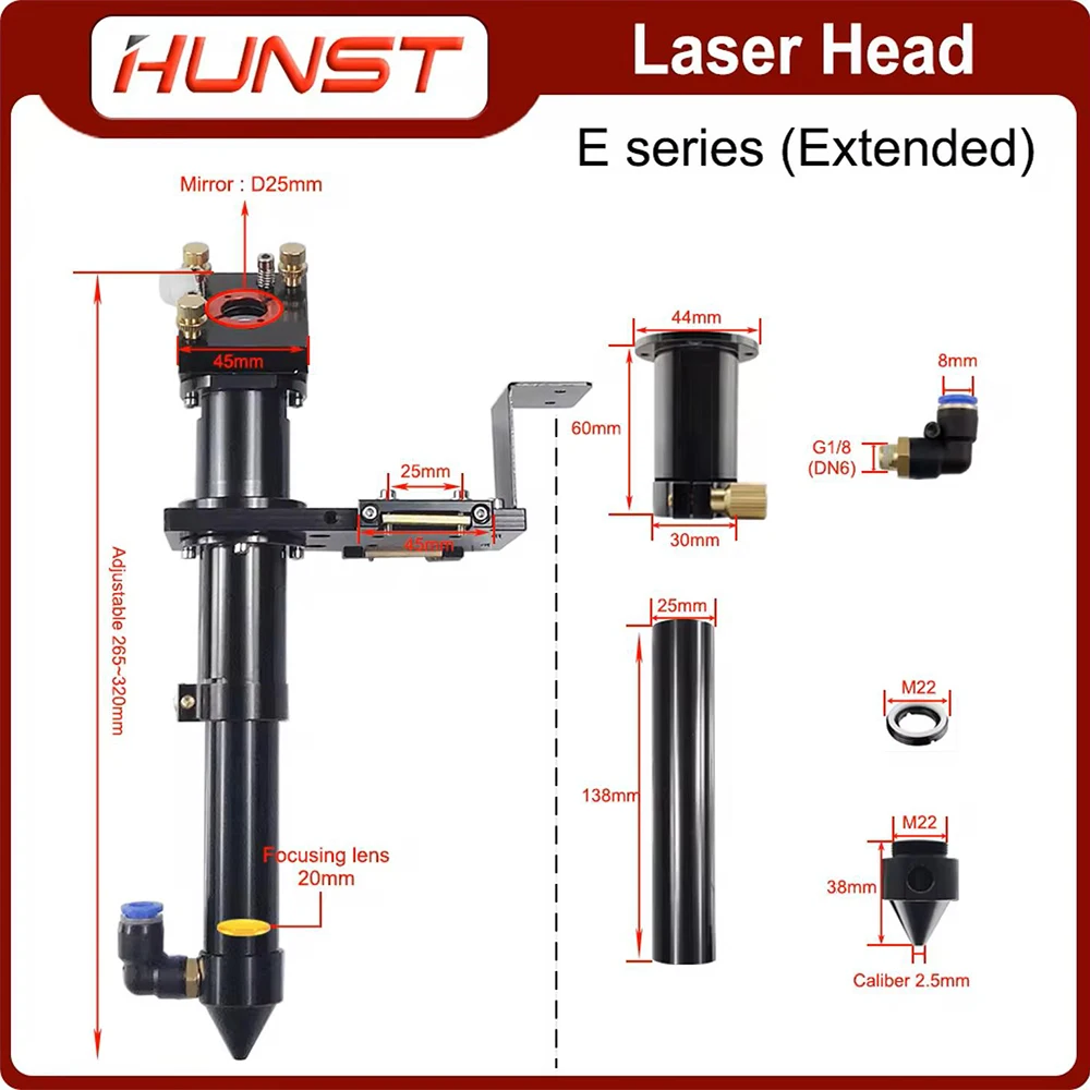 Hunst CO2 Laser Head E Series (Extended) for Lens D20MM FL50.8 & 63.5 Mirror 25MM for Laser Engraving and Cutting Machine.