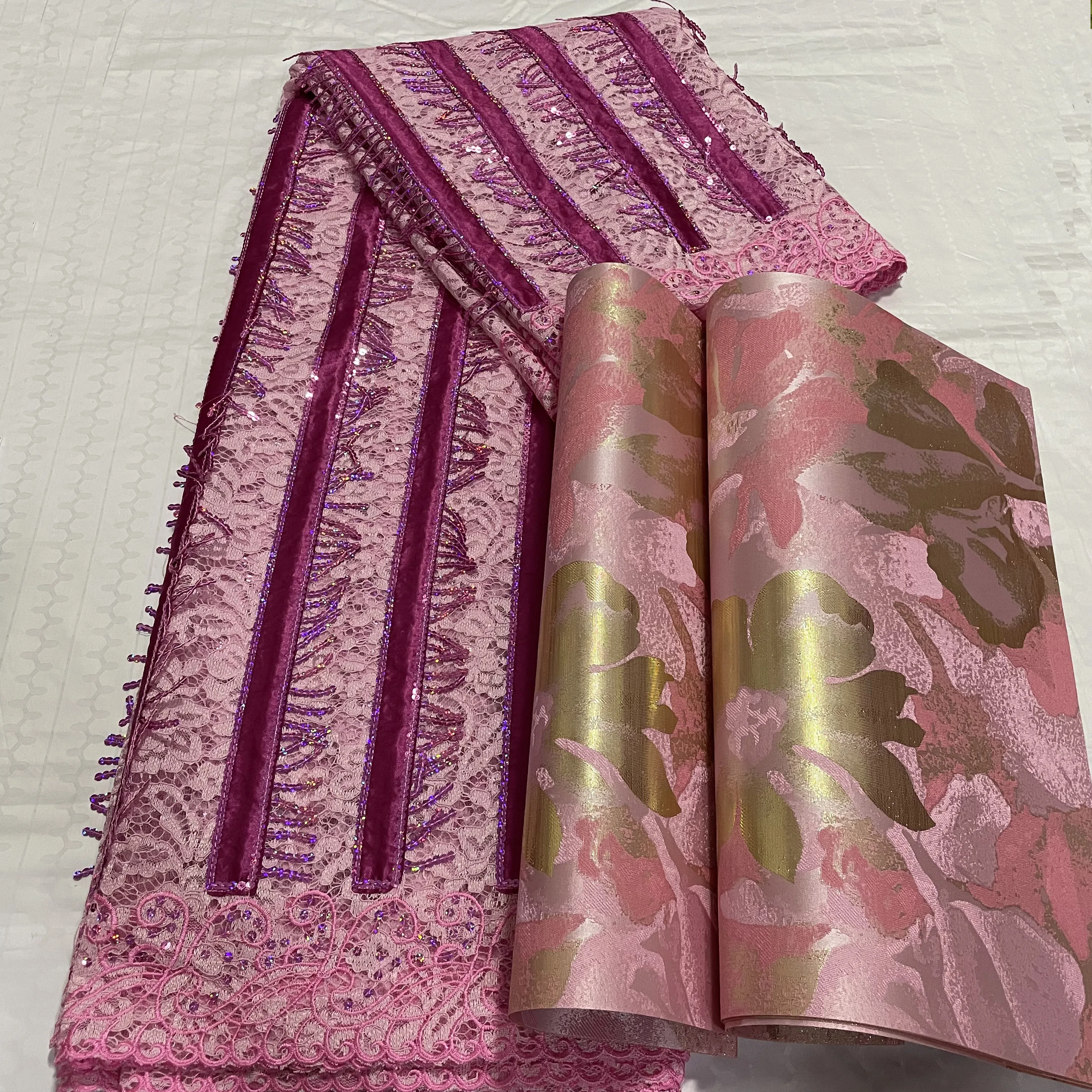 Luxury Pink Lace Fabric with Sequins 5 Yards Embroidery Guipure French Lace Material with 3D Sego Headtie Wrap 2PCS for 2025