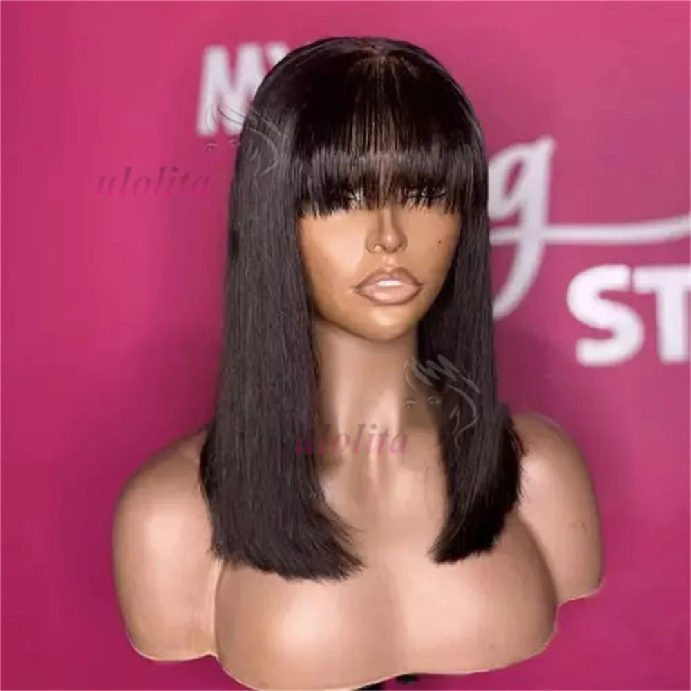 Malaysian Human Hair Wig with Bangs Remy Straight Hair Bob Wigs Full Machine Made Wig for Women 8 10 12 Inches No Lace Bob Wigs