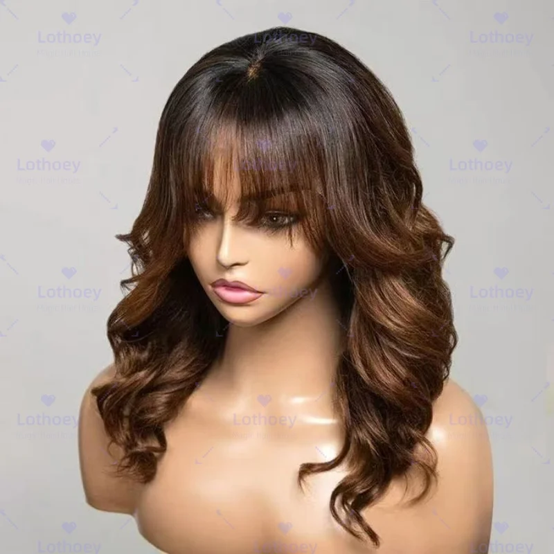 Curtain Bangs Glueless Wigs Layered Cut Wavy Brown Ombre Colored Wig  Bleached Knots Natural Hairline lace front wig human hair