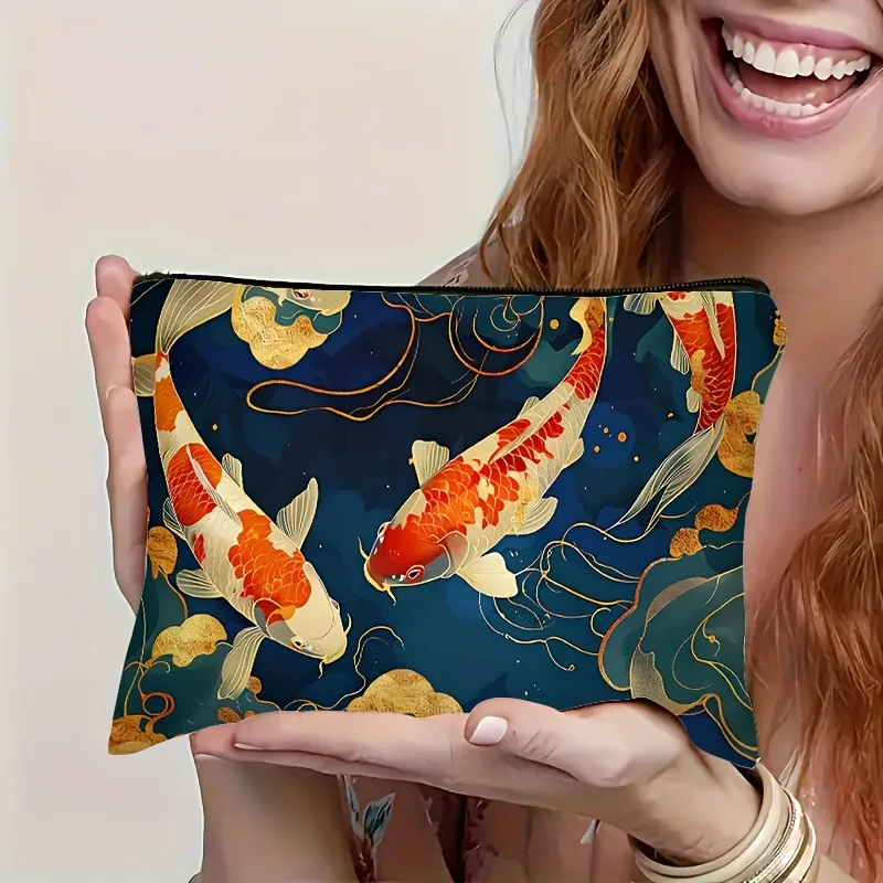 1Pc Gold Lucky Koi Pattern Retro Design Multifunctional Travel Makeup Bag, Snack Storage Bag, Stationery Storage Bag, Fashionable Toiletry Bag, Canvas Double-Sided Printed Zipper Pouch