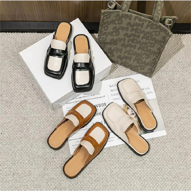 

Женские сандалии класса люкс с квадратным носком, мюли с металлическим декором, легко надеваемые, для улицы, повседневные, модные, удобная обувь