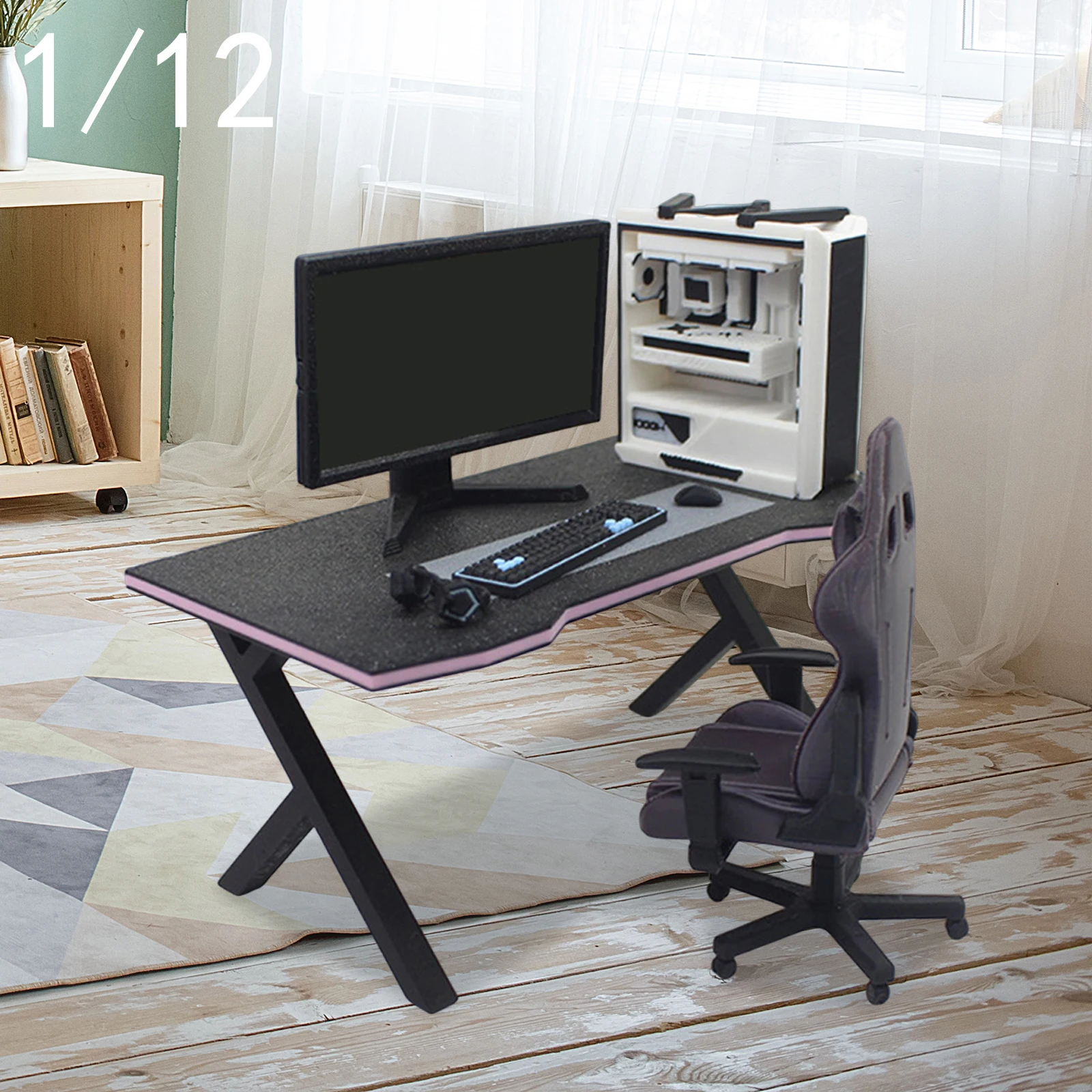 1/12 Dollhouse Esports Games Computer Keyboard Set Desk Chair Set Doll Home Study Room Furniture Decor Micro Scene Props