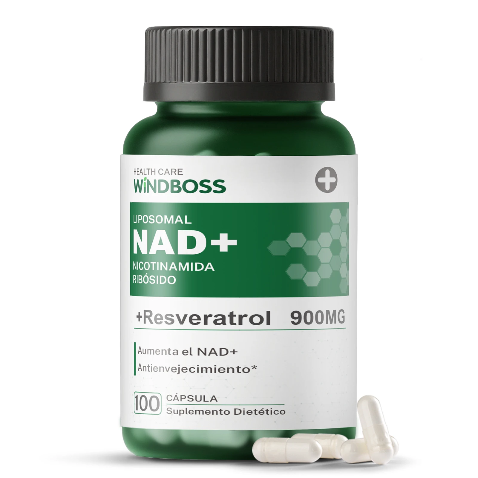 Windboss NAD+ Liposomal NR 900mg con Quercetina y Resveratrol | Suplemento Antienvejecimiento y Energía | 100 Cápsulas