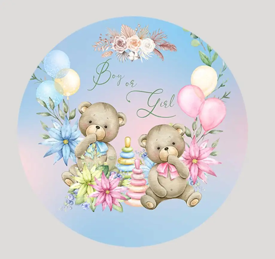 Boy or Girl Gender Reveal Round Background Baby Bear Backdrop Paty Decoration Cylinder Plinth Column Table Covers Baby Shower