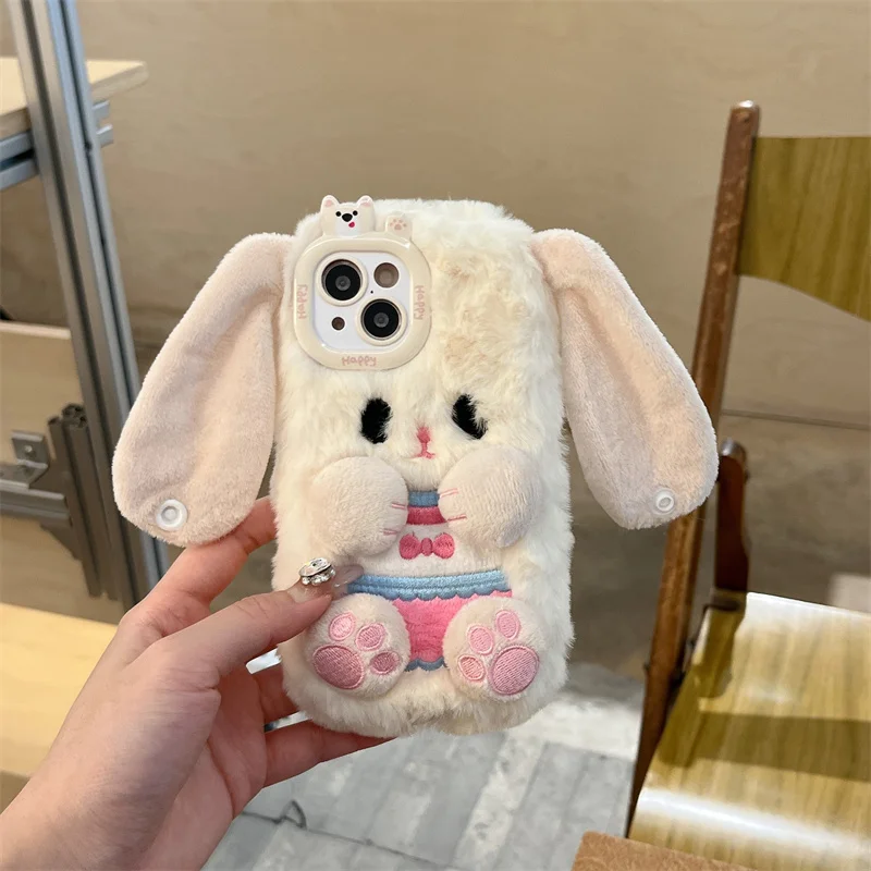 

Furry Cartoon Protector Cover Cute Long Ears Rabbit Fluffy Plush Phone Case for iPhone 15 14 13 12 Pro Max 16pro Kawaii Girl