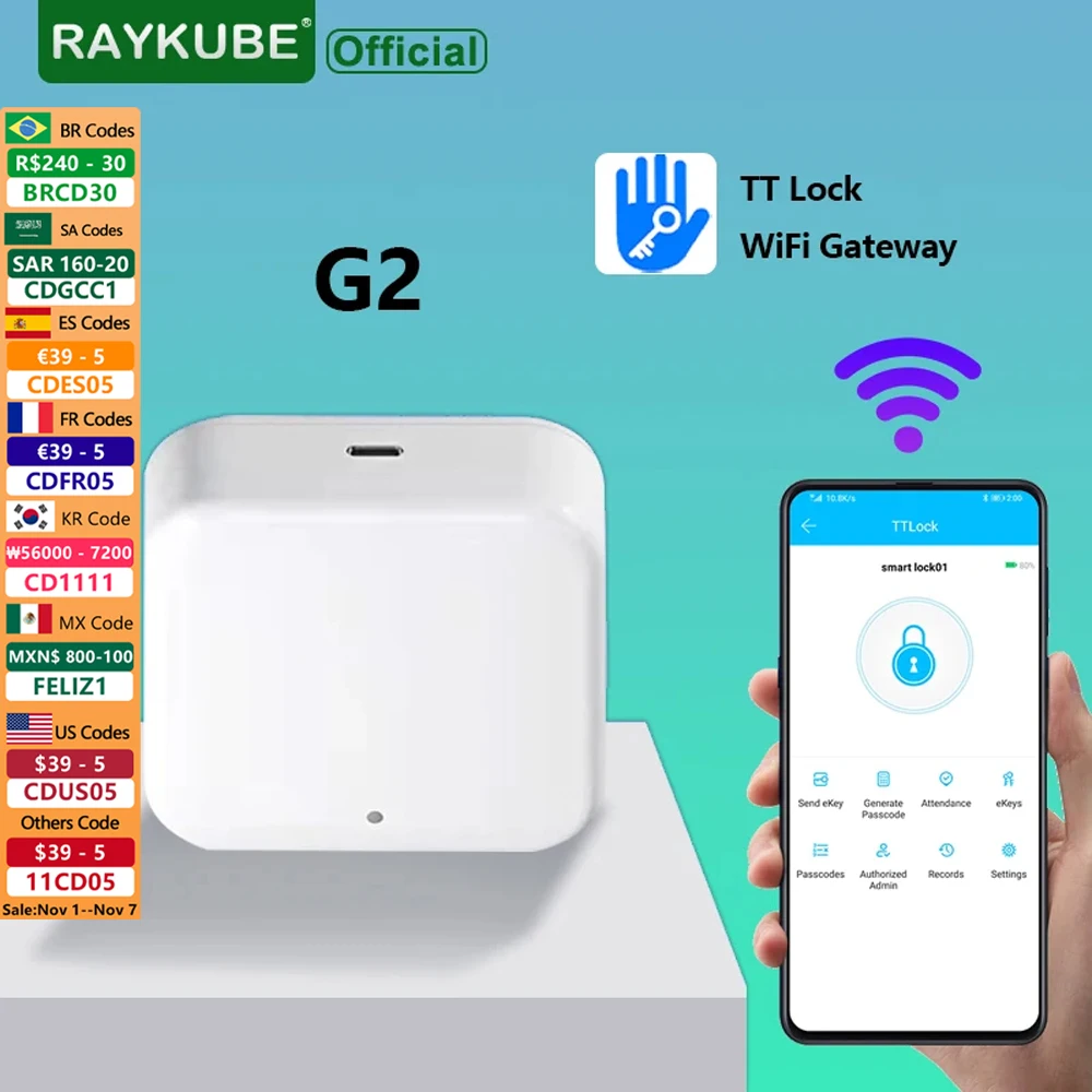 

RAYKUBE G2 Gateway For TT Lock APP Bluetooth Smart Electronic Door Lock Wifi Adapter Remote Control for Smart Home