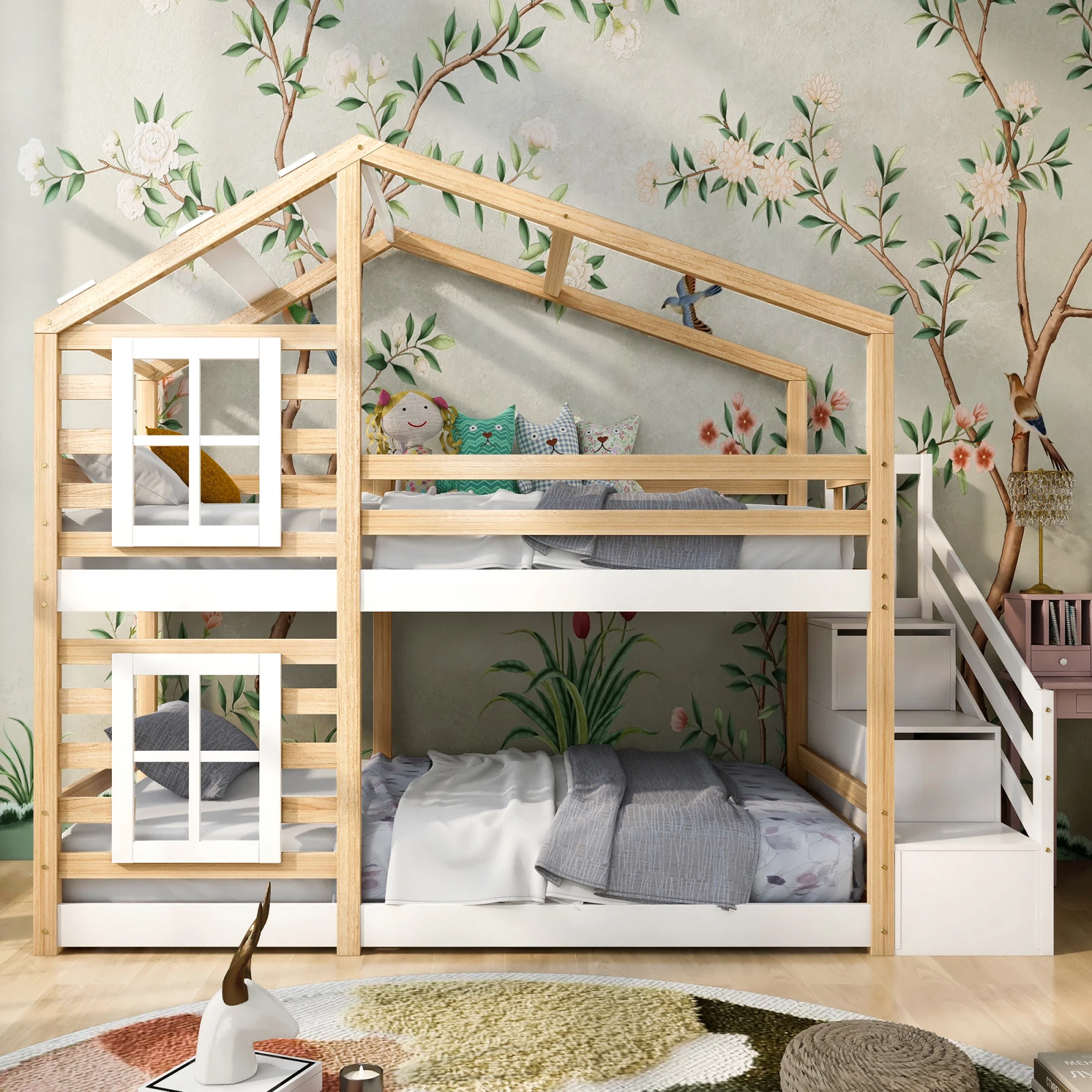 90 x 200 cm Children's tree house bed with drawer and fall protection, loft bed for children - 2x slatted frames