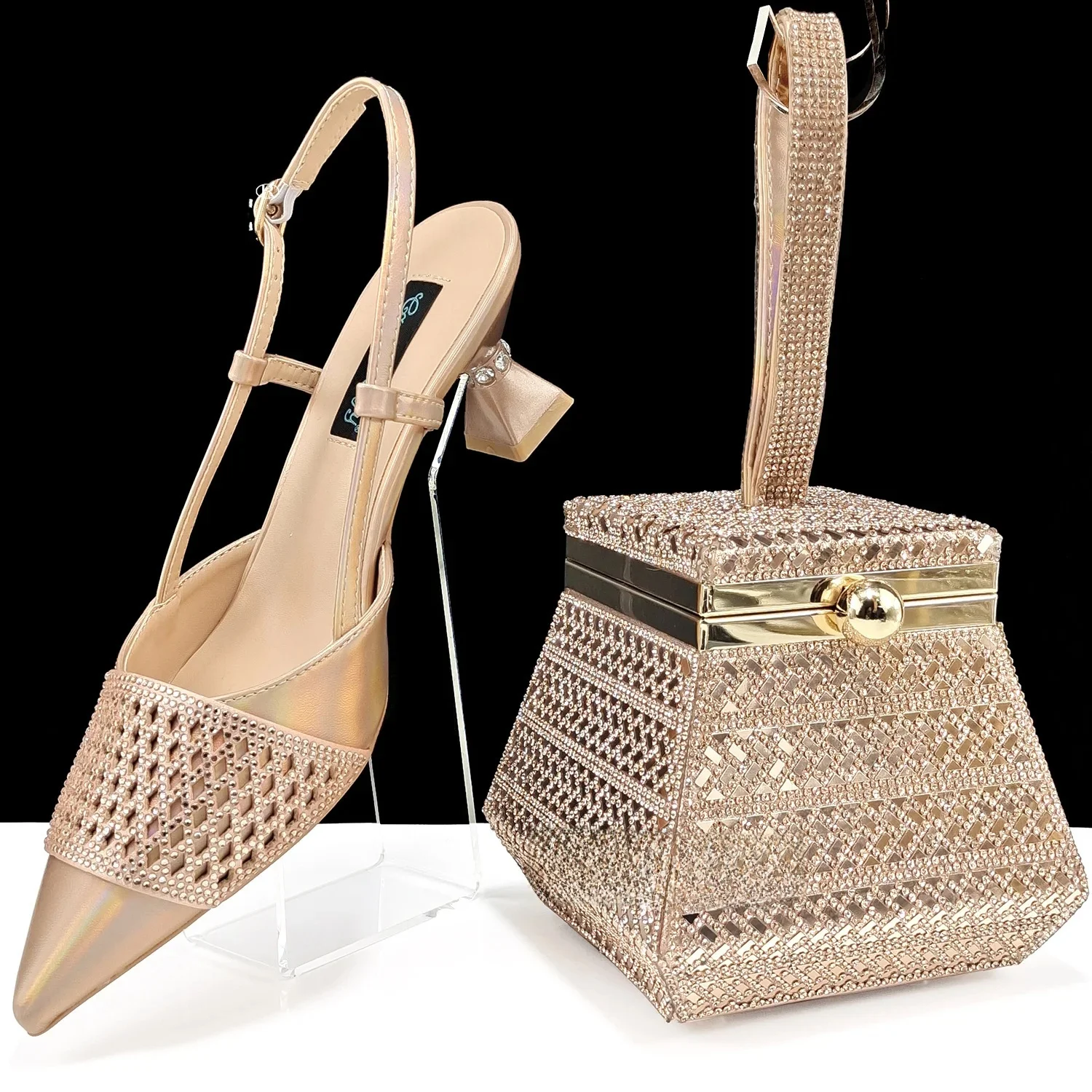 Nigeria Moda Damskie buty imprezowe inkrustowane kryształkami i specjalna torba Wysokie obcasy i dwufunkcyjna mini torba Buty damskie — zdjęcie 2