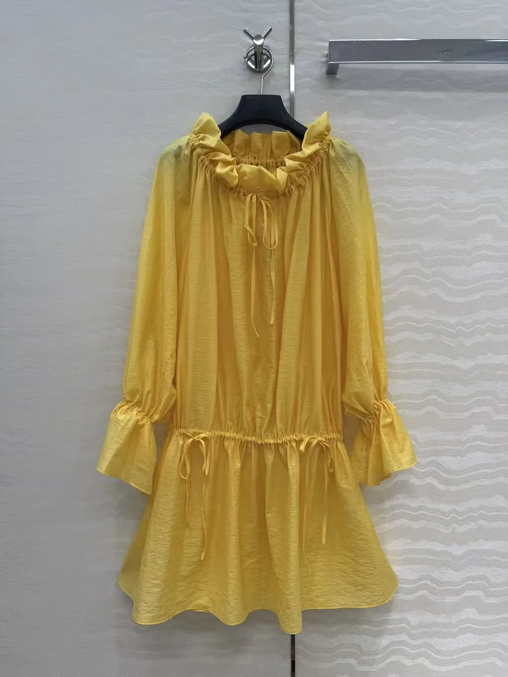 Women New Summer Fashion Sweet Solid Color Flounced Stringy Selvedge Collar Drawstring Ruched Long Flare Sleeve Short Mini Dress