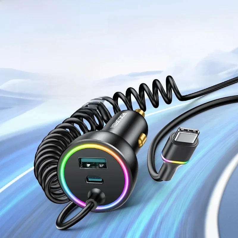 Rocoren 70W USB Type C chargeur de voiture avec câble à ressort charge rapide type-c USBC voiture chargeur rapide adaptateur pour iPhone 16 15 Xiaomi