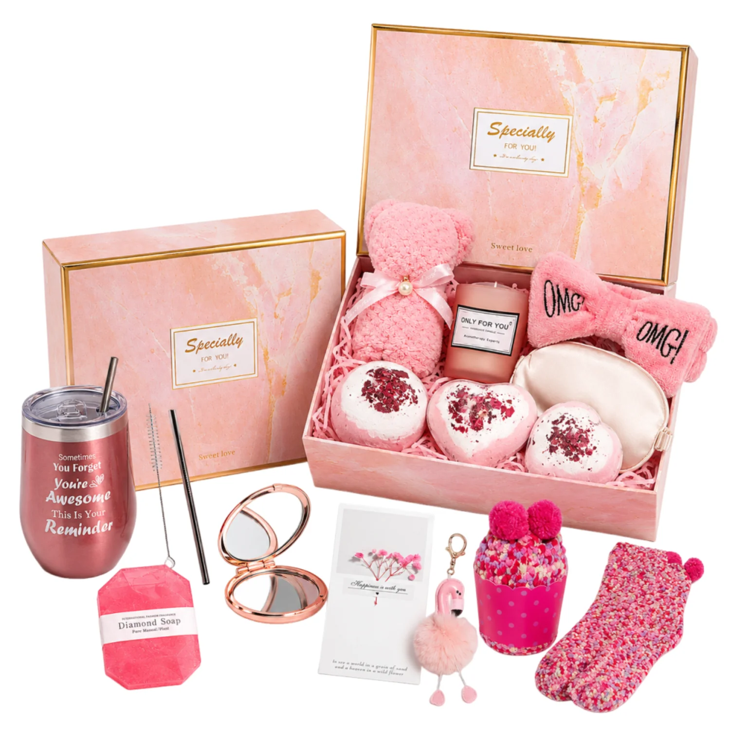 Verzorgingspakket Cadeauset voor Vrouwen Verjaardag, Valentijnsdag, Kerstmis Roze Wellness Cadeaudoos met Thermische Mok, Badbommen, Geurkaars, Slaapmasker & Accessoires - Cadeau voor Vrouwen,