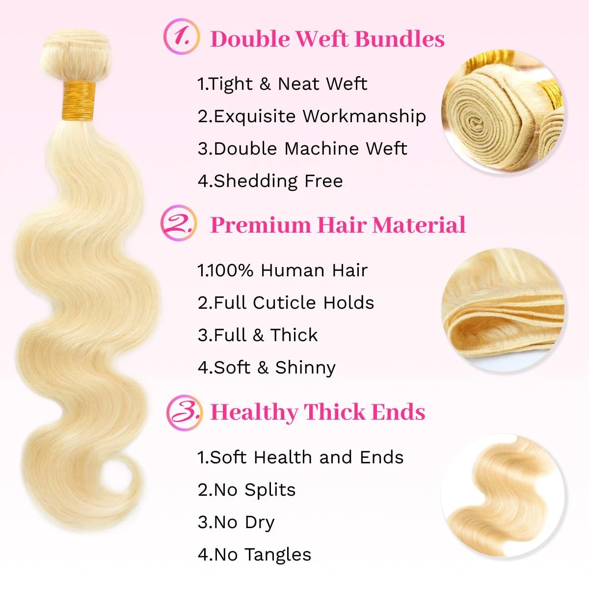 شعر بشري 100% 1 3 حزم # 613 حزم شقراء الجسم موجة الشعر البشري 100٪ البرازيلي عذراء الشعر البشري للنساء