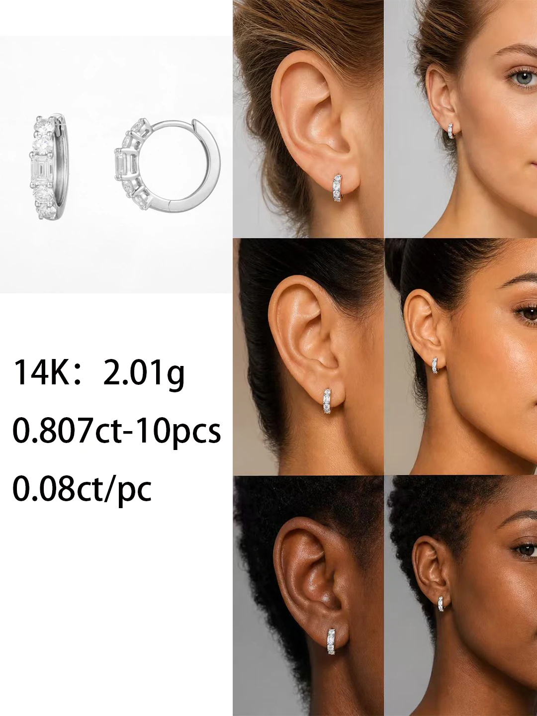 0.807ct Round‑Brilliant Lab Grown Diamond CVD 14K Gold Round Emerald, Huggie Hoop Prong NGTC Certified Wholesale
